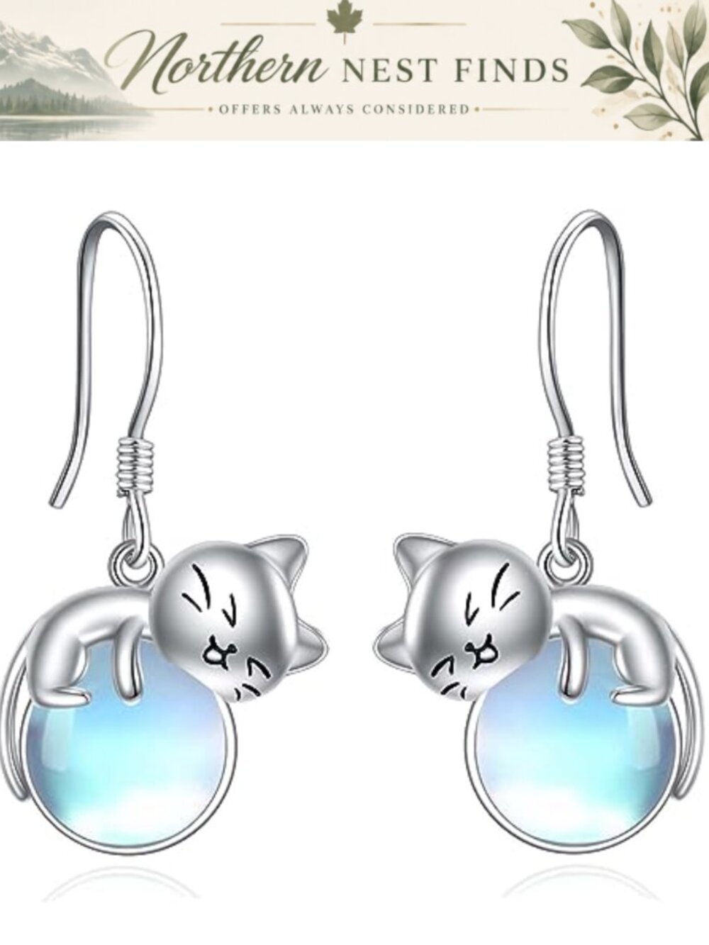 Sterling Silver Cat Dangle Earrings Moonstone Jewelry Gift for Women